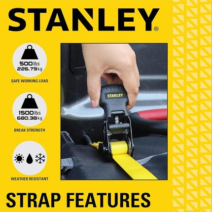 Stanley S1000 Black/Yellow 1" x 10' Ratchet Tie Down Straps - Light Cargo Hauling (1,500 lbs Break Strength), 8 Pack