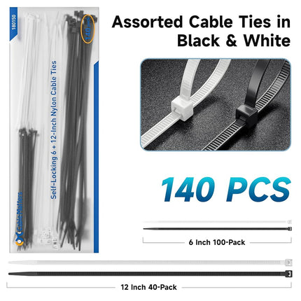 Cable Matters 140-Pack Cable Ties, 6/12 Inches, Black and White