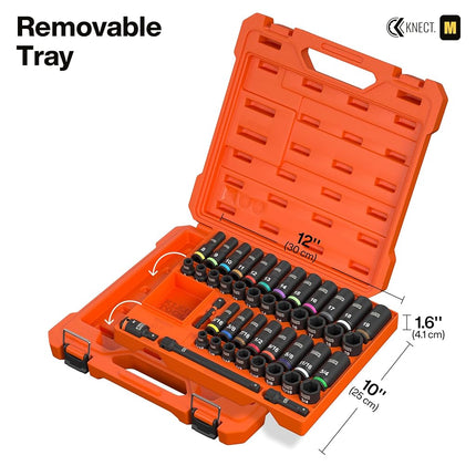 Klein Tools 65148HD KNECT Deep-Well and Shallow Impact Socket Set, 3/8-Inch Drive, SAE and Metric, 44-Piece Tool Set, Impact Driver, Swivel Adapter, Wrench Extensions, Removable Socket Organizer