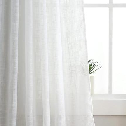 White Linen Semi Sheer Curtains Tab Top Light Filtering Elegant Curtains & Drapes for Living Room 52 x 84 Inch Length, Set of 2 Panels