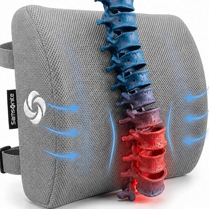 Samsonite SA5244 Ergonomic Lumbar Support Pillow Helps Relieve Lower Back Pain 100% Pure Memory Foam Improves Posture Fits Most Seats Breathable Mesh Washable Cover Adjustable Strap