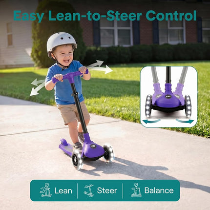 SereneLife Kids Scooter for Ages 3–7 – 3 Wheel Kick Scooter with Seat Option, Light-Up LED Wheels, Lean-to-Steer, Foldable, Adjustable Height, 50 kg Capacity