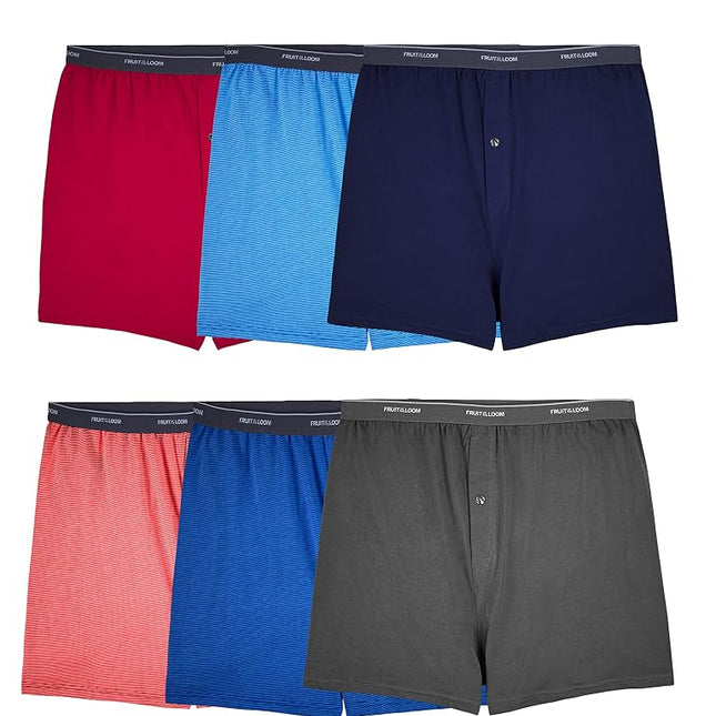 Fruit of the Loom Mens Tag-Free Boxer Shorts, Relaxed Fit, Moisture Wicking, Assorted Color Multipacks, Knit - 6 Pack - Assorted Colors - Big Man, 5X-Large Big