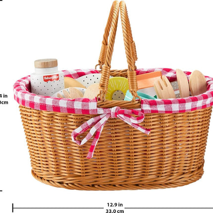 Fisher-Price Wood Pretend Play Toy Picnic Basket, 31-Piece Wooden Food Playset for Preschool Kids Ages 3+ Years, HXT81
