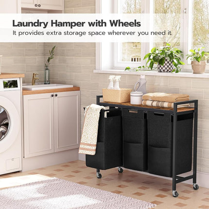 HOOBRO Laundry Sorter 3 Section,Rolling Laundry Hamper with Wheels, 3 × 11.5 Gal (43.5 L), Pull-Out and Removable Oxford Fabric Laundry Bags, Rustic Brown and Black BF76XY01
