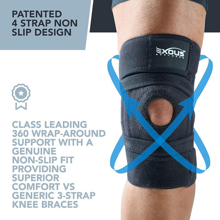 EXOUS BODYGEAR Knee Brace Meniscus Tear Support For Arthritis Acl, Mcl Pain Patented 4-way Adjustable Wraparound Strap Dual Side Stabilizer For Patella Stability Size [medium]