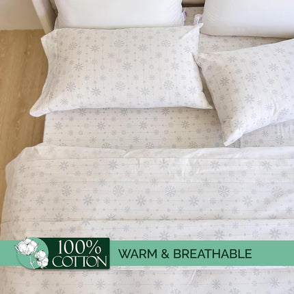 Elegant Comfort Ultra Soft 4-Piece 100% Turkish Cotton Flannel Sheet Set - Holiday Christmas Flannel Sheets, Warm and Cozy Premium Quality, Deep Pocket Fitted Sheet- Queen, Snowflake Ivory