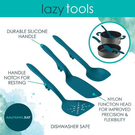 Rachael Ray Tools and Gadgets Spoon, Slotted and Solid Turners Set/Cooking Utensils - 3 Piece, Teal Blue