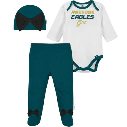 NFL Philadelphia Eagles 3 Pack Bodysuit Footed Pant and Cap Registry Gift Set, green/white Philadelphia Eagles, 0-3M