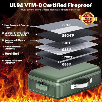BigPonPon Fireproof Document Box, Hard Case Highly Flame-Resistant Fire Proof Waterproof File Organizer with Lock, Portable Fire Safe for Important Documents & Valuables Storage (Green, ‎16"*12"*5")