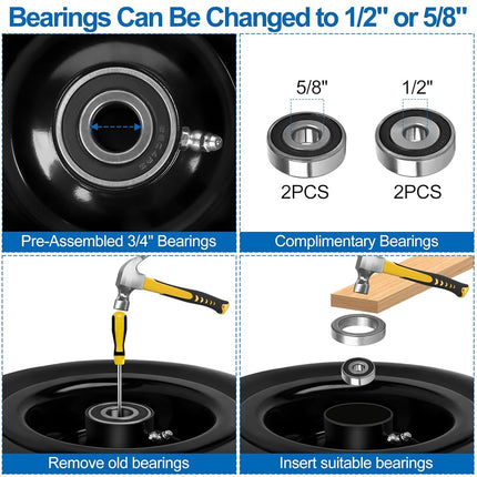 phepetroll 11x4.00-5 Flat Free Lawn Mower Tires and Wheels 3/4" 5/8" 1/2" Ball Bearings, 3.25"-5.5" Centered Hub 11x4-5 Zero Turn Mower Front Tires, Smooth Wheels for Commercial Grade Lawn