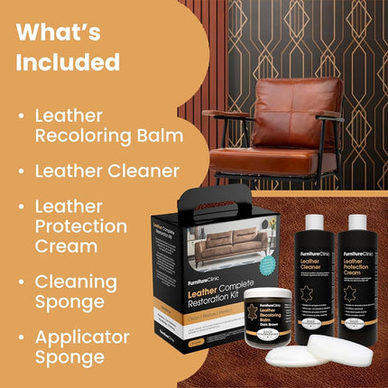 Furniture Clinic Leather Complete Restoration Kit | with Leather Recoloring Balm, Cleaner, 2-in-1 Protection Cream & Conditioner, Sponge, and Cloth | Repair Kit for Furniture (Tan)