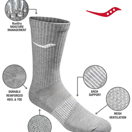 Saucony Men's Multi-pack Mesh Ventilating Comfort Fit Performance Crew Running Socks, Grey (6 Pairs), Shoe Size 13-15 UK