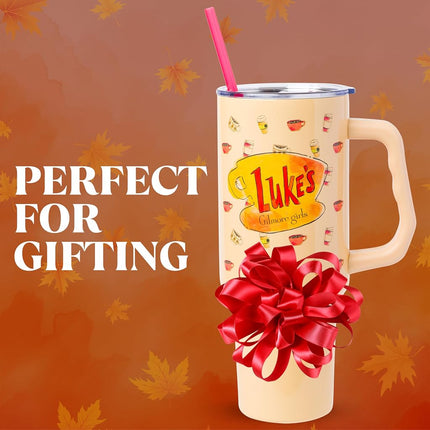 Silver Buffalo Gilmore Girls Luke's Diner – Gobelet isotherme en acier inoxydable avec poignée et paille, compatible avec les porte-gobelets standards, 1,18 litre