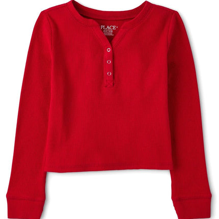 The Children's Place Girls' Basic Long Sleeve Thermal Henley Tops, Classic Red, Small