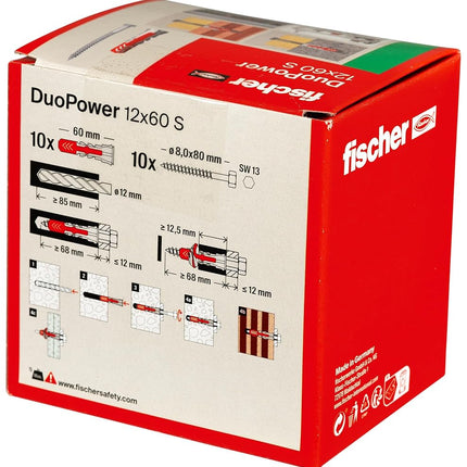 Fischer DuoPower 12 x 60 S, Powerful Universal Plug with Safety Screw, Intelligent 2-Component Technology for fastenings in Concrete, Bricks, Stone, etc., 10 Plugs & 10 Screws