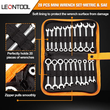 LEONTOOL Mini Wrench Set Metric and SAE 20 Pcs Ignition Wrenches 4-11mm & 5/32" to 7/16" Open End Box End Wrench Set with Key Ring, Combination Wrench Sets with Zipper Bag