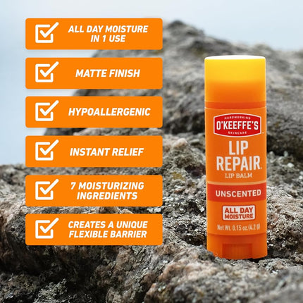 O'Keeffe's Unscented Lip Repair Lip Balm for Dry, Cracked Lips, Stick, (Pack of 3)