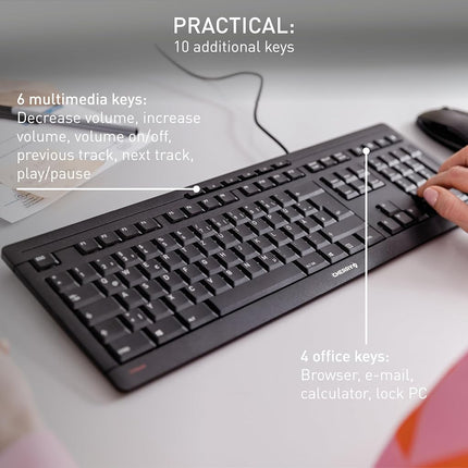 CHERRY STREAM KEYBOARD, Wired Keyboard, EU Layout (QWERTY), Whisper-Quiet Keystrokes, Unique Typing Experience, Flat Design, Black