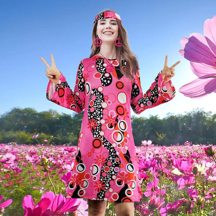 MRYUWB 70s Hippie Dress Costumes Necklace Earrings Sunglass Women Disco Outfit, 60s Party Costume, Halloween Retro Dresses (Pink, M)