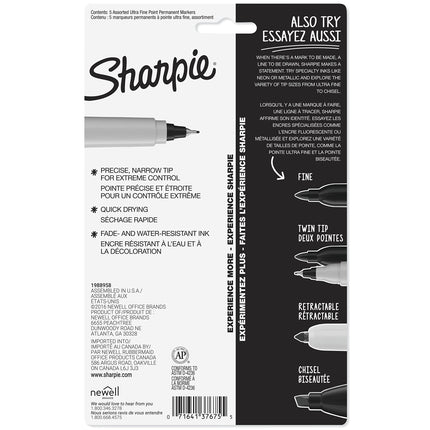 Sanford Sharpie Ultra Fine Point Permanent Markers 5/Pkg-Red, Blue, Green & 2 Black,Packof1,