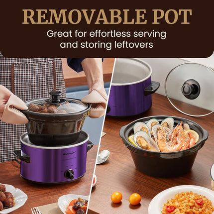 Elite Gourmet MST-275XP# Electric Oval Slow Cooker, AdjCatable Temp, Entrees, Sauces, Stews & Dips, Dishwasher Safe Glass Lid & Crock (2 Quart, Purple)