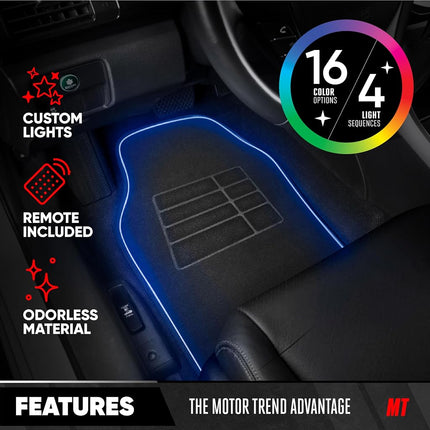 Motor Trend BrightLights™ LED Car Mats, Set of 2 - RGB Floor Mats for Cars, Carpet Car Floor Mats with LED Lights for Car Truck Van SUV, Universally Sized for Most Vehicles