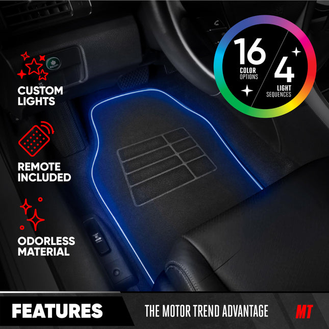 Tapetes LED BrightLights™ de Motor Trend, juego de 2 - Alfombrillas RGB para coche, alfombrillas de coche con luces LED para coche, camión, furgoneta, SUV, tamaño universal para la mayoría de los vehículos
