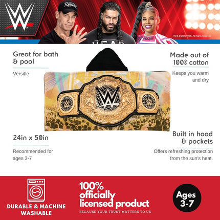 WWE Wrestling Kids Super Soft Bath/Pool/Beach Soft Cotton Terry Hooded Towel Wrap, 24 in x 50 in, (100% Officially Licensed Product) By Franco