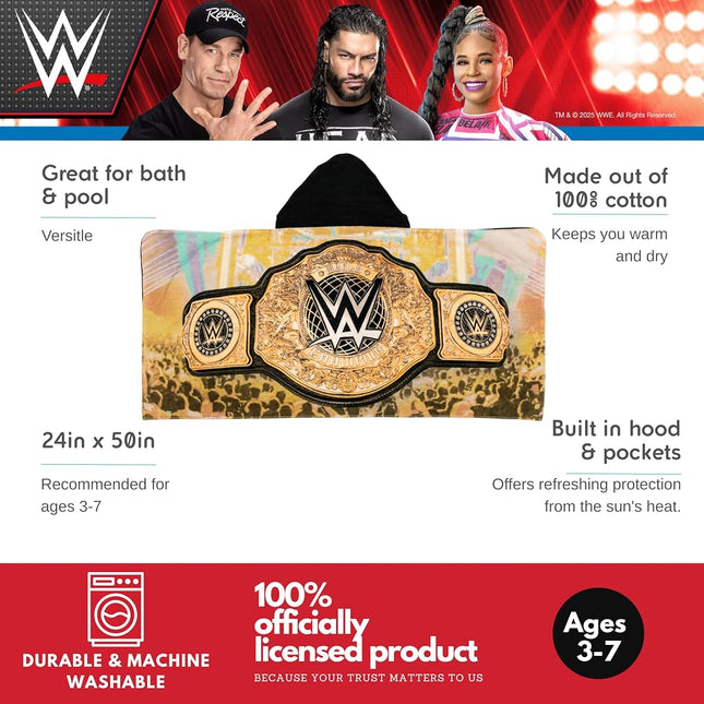 WWE Wrestling Kids Super Soft Bath/Pool/Beach Soft Cotton Terry Hooded Towel Wrap, 24 in x 50 in, (100% Officially Licensed Product) By Franco