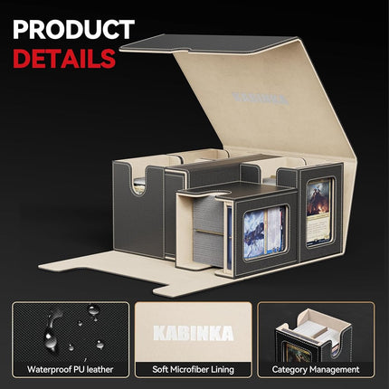 Card Deck Box for MTG with Commander Display, 5 in 1 Card Storage Box Fits 400+ Double-sleeved Cards, Removable Deck Case for TCG/Sports Cards with Dice Tray, 4 Magnetic Card Holders (Black Gold)