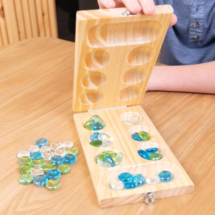 Mancala Elbowroom Games Game, Folding Wooden Board with 48 Glass Stones in Blue, Green and White, Portable Travel Design, Classic Strategy Game for 2 Players