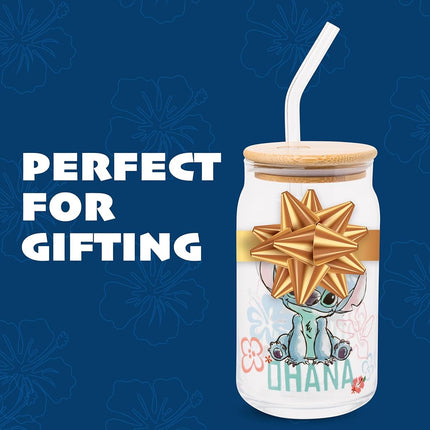 Silver Buffalo Disney Lilo and Stitch Ohana Floral Glass Jar Tumbler with Bamboo Lid and Glass Straw, 16 Ounces