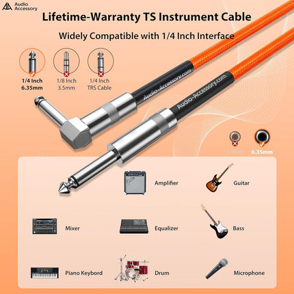 Right Angle Guitar Cable 25ft, Nylon Braided Kevlar-Reinforced, Neutrik REAN Connector, 20AWG 99.99% OFC 1/4 Instrument Cable, Dual Shielded Amp Cord for Fender Electric Guitar, Neon Orange