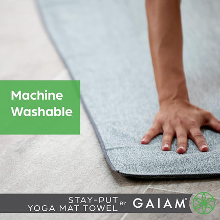 Gaiam 05-63735 Yoga Towel - Mat Sized Active Dry Non Slip Moisture Wicking Sweat Absorbent Microfiber Hot Yoga Towel for Women & Men | Stay-Put Corner Pockets (70" Long x 26" Wide), Grey