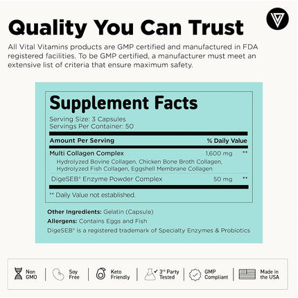 Vital Vitamins Multi Collagen Complex (2 Pack) - Type I, II, III, V, X, Grass Fed, Non-GMO
