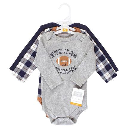 Hudson Baby Unisex Baby Cotton Long-Sleeve Bodysuits, Football Huddles 3-Pack, 6-9 Months, Football Huddles 3-pack, 6-9 Months