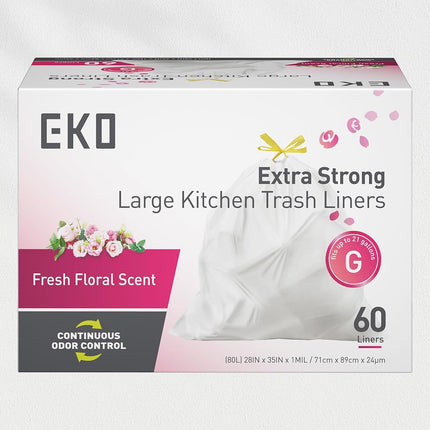 EKO Extra Strong 21 Gallon Large Trash Bags, Heavy-Duty Drawstring Kitchen & Household Garbage Bags (80L), Leak-Resistant, Fresh Floral Scent, Continuous Odor Control, 60 Count, Code G