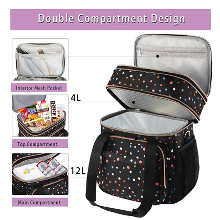 GLENKEY Expandable Lightweight Insulated Lunch Box for Women, Double Deck Large Lunch Bag Leakproof Soft Cooler Bags for Adults Work Office Flight Beach Travel, Polka Dots, 16L