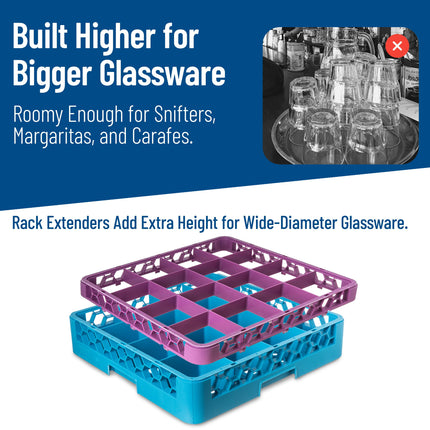 Carlisle FoodService Products Opticlean Plastic Glass Rack, Divided Extender with 16 Compartments for Cleaning, Factories, 19.875 X 19.875 X 1.75 Inches, Lavender