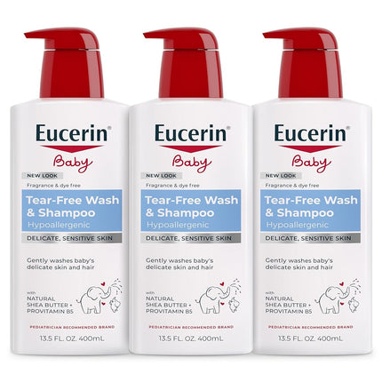 Eucerin Baby Wash & Shampoo - 2 in 1 Tear Free Formula, Hypoallergenic & Fragrance Free, Nourish and Soothe Sensitive Skin - 13.5 fl. oz. Pump Bottle (Pack of 3)