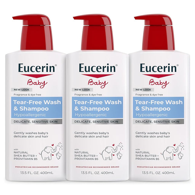 Eucerin Baby Wash & Shampoo - 2 in 1 Tear Free Formula, Hypoallergenic & Fragrance Free, Nourish and Soothe Sensitive Skin - 13.5 fl. oz. Pump Bottle (Pack of 3)