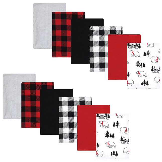 Hudson Baby Unisex Baby Cotton Flannel Burp Cloths Bundle, Buffalo Plaid Bear, One Size