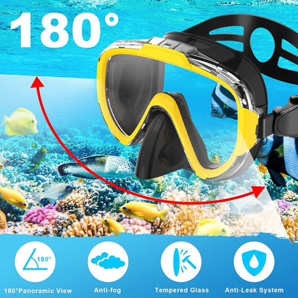 Snorkel Set, Dry Top Snorkeling Gear for Adults, Panoramic Anti-Leak and Anti-Fog Tempered Glass Lens, Adults Adjustable Snorkeling Set, Scuba Diving Swimming Training Snorkel Kit with Mesh Bag