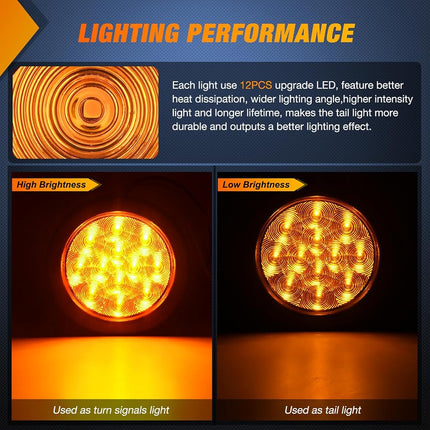 Nilight 4Inch Round Trailer Tail Light with flush Mount Grommets Plugs w/Mounting Brackets 2PCS Amber Waterproof Turn Signals Trailer Lights for RV Truck Trailer