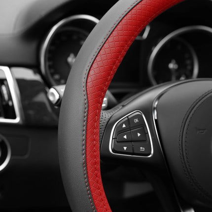 FH Group FH2009 Geometric Chic Genuine Leather Steering Wheel Cover (Red) � Universal Fit for Cars Trucks & SUVs