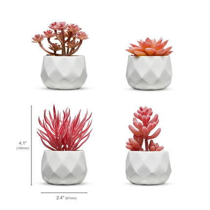 Nordik Miniature Artificial Succulent Set of Four Geometric Round White Pots - Office Decor for Women Desk, Indoor, Living Room, Home and Desk Decor – Pink Faux Succulents