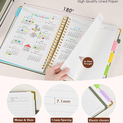 Hardcover Large Spiral Notebook 8.5" x 11" with Removable Dividers Tabs, 300 pages Leather 5 Subject Notebook College Ruled, A4 Journal for Women Men, Notebooks for Work School Note taking, Green