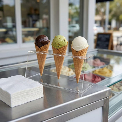 Restaurantware Clear Tek 7.1 x 2.8 x 3.2 Ice Cream Cone Holder 1 Premium Popcorn Cone Holder - Cones are Sold Separately 3 Holes Clear Acrylic Cone Stand Display Candy Or French Fries