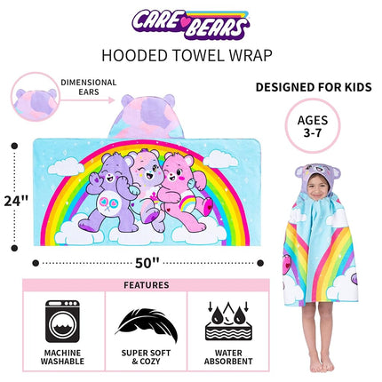 Care Bears Bath/Pool/Beach Soft Cotton Terry Hooded Towel Wrap, 24 in x 50 in, By Franco Kids